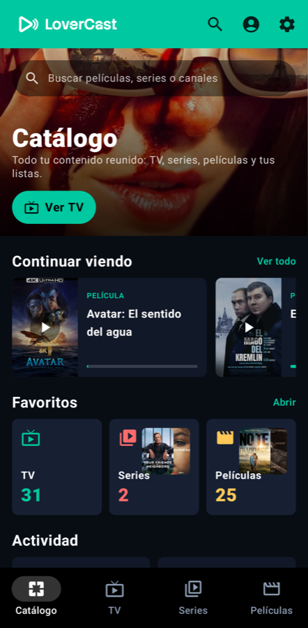 Pantalla móvil de LoverCast: catálogo