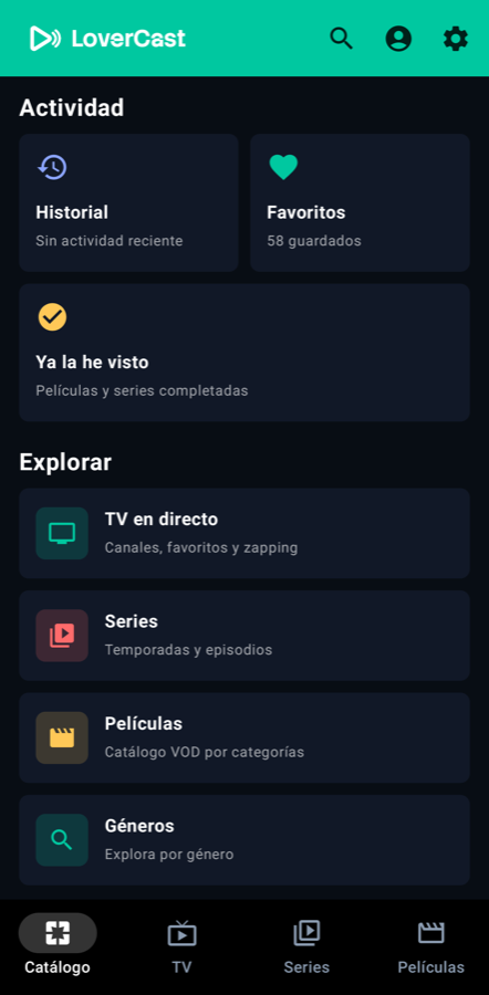 Pantalla móvil de LoverCast: actividad