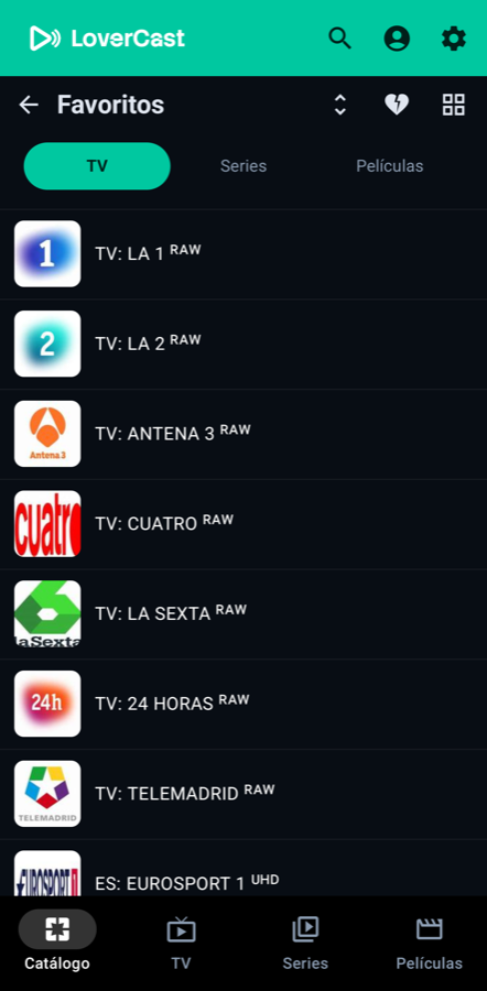 Pantalla móvil de LoverCast: favoritos de TV