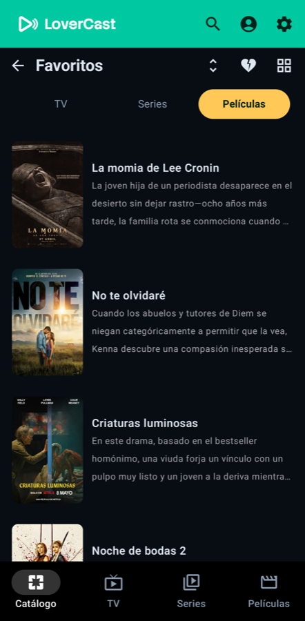 Pantalla móvil de LoverCast: favoritos de películas