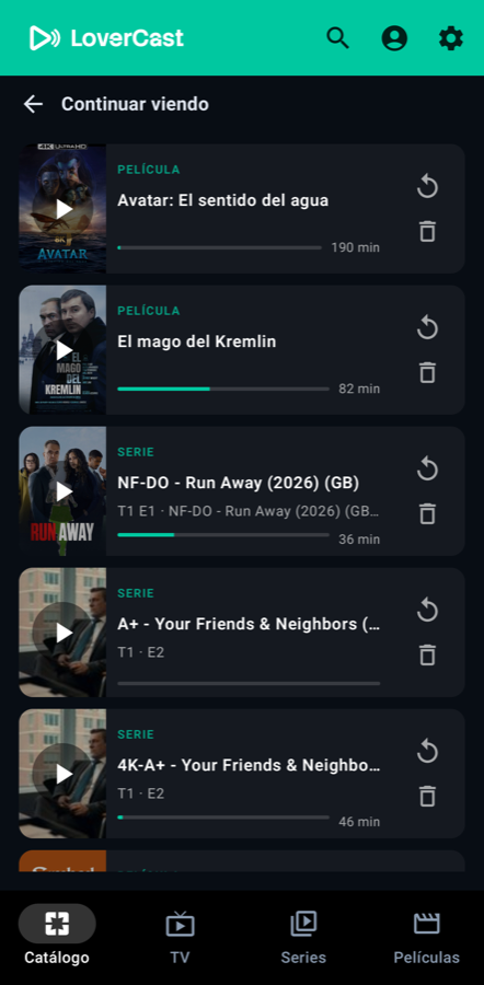 Pantalla móvil de LoverCast: continuar viendo