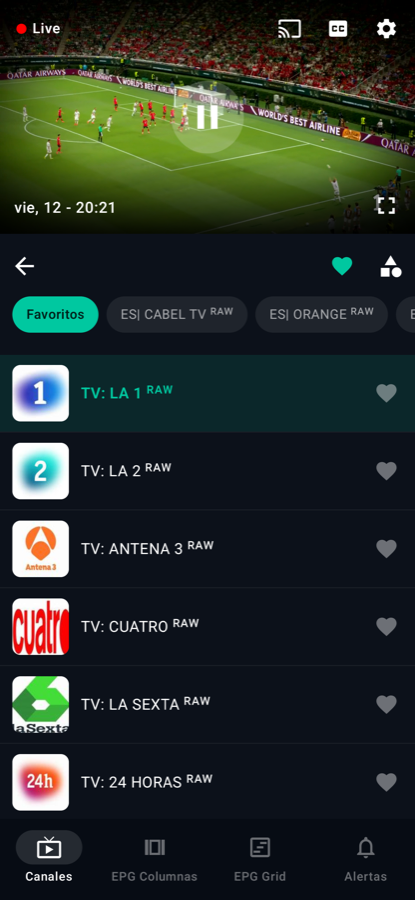 Pantalla móvil de LoverCast: canales en directo