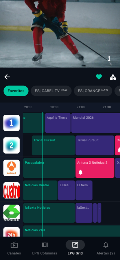Pantalla móvil de LoverCast: guía EPG