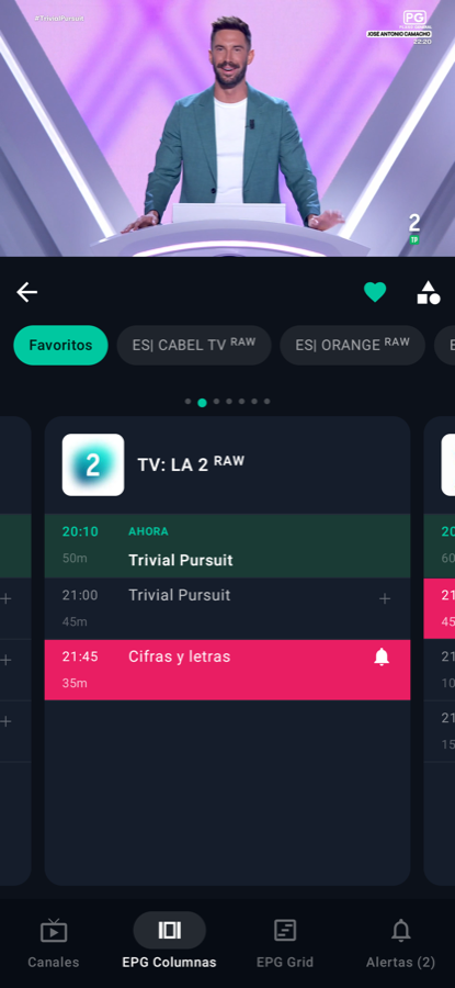 Pantalla móvil de LoverCast: EPG columnas