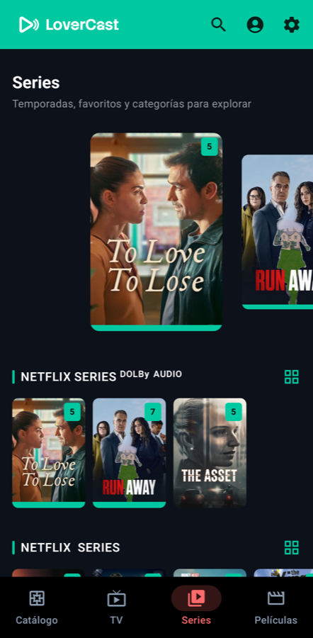 Pantalla móvil de LoverCast: series