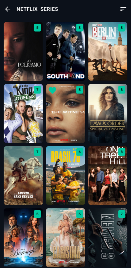 Pantalla móvil de LoverCast: lista de series