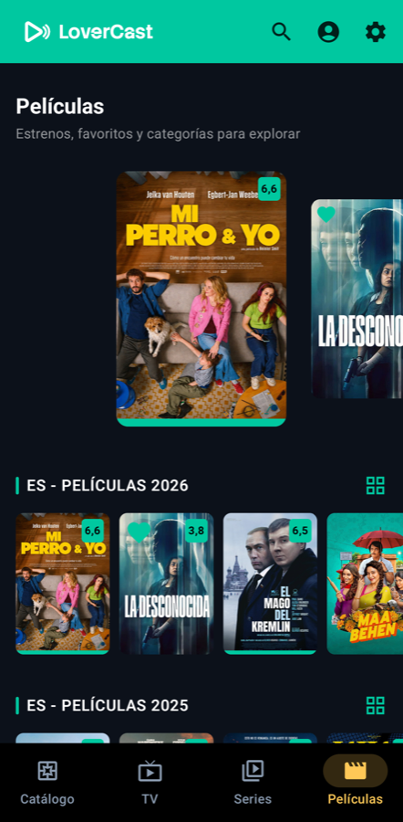 Pantalla móvil de LoverCast: películas