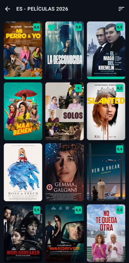 Pantalla móvil de LoverCast: lista de películas