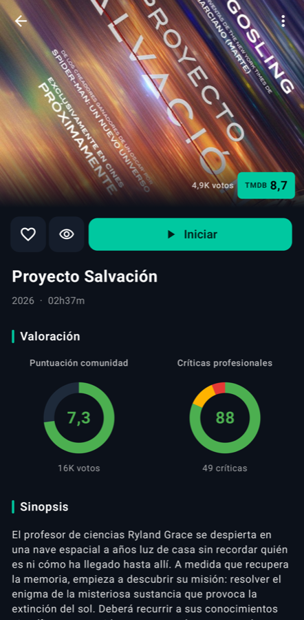 Pantalla móvil de LoverCast: detalle de película