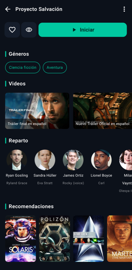 Pantalla móvil de LoverCast: detalle con reparto
