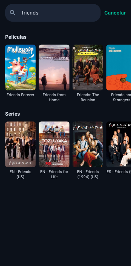 Pantalla móvil de LoverCast: búsqueda