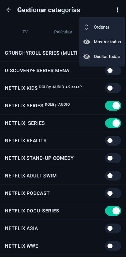 Pantalla móvil de LoverCast: gestionar categorías