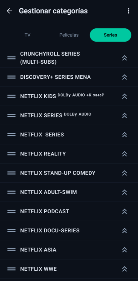Pantalla móvil de LoverCast: gestionar categorías con menú