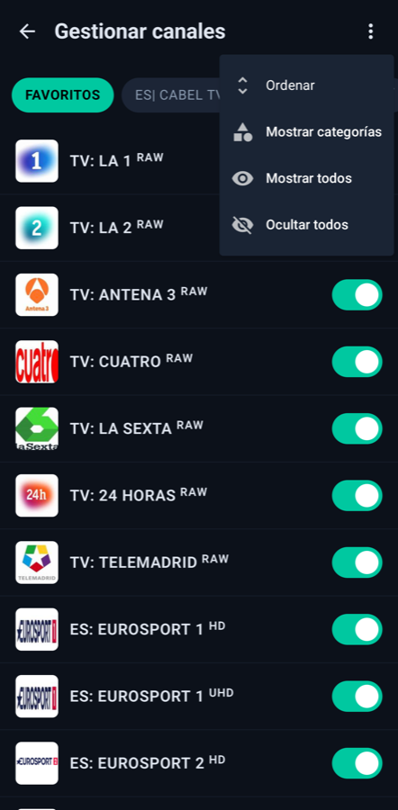 Pantalla móvil de LoverCast: gestionar canales