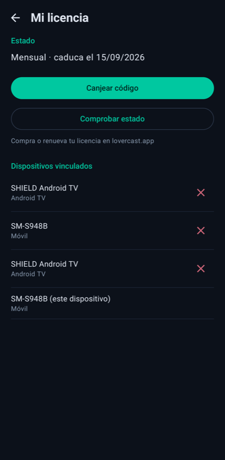 Pantalla móvil de LoverCast: mi licencia
