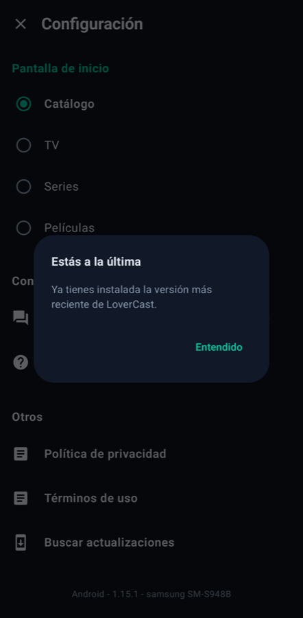 Pantalla móvil de LoverCast: configuración